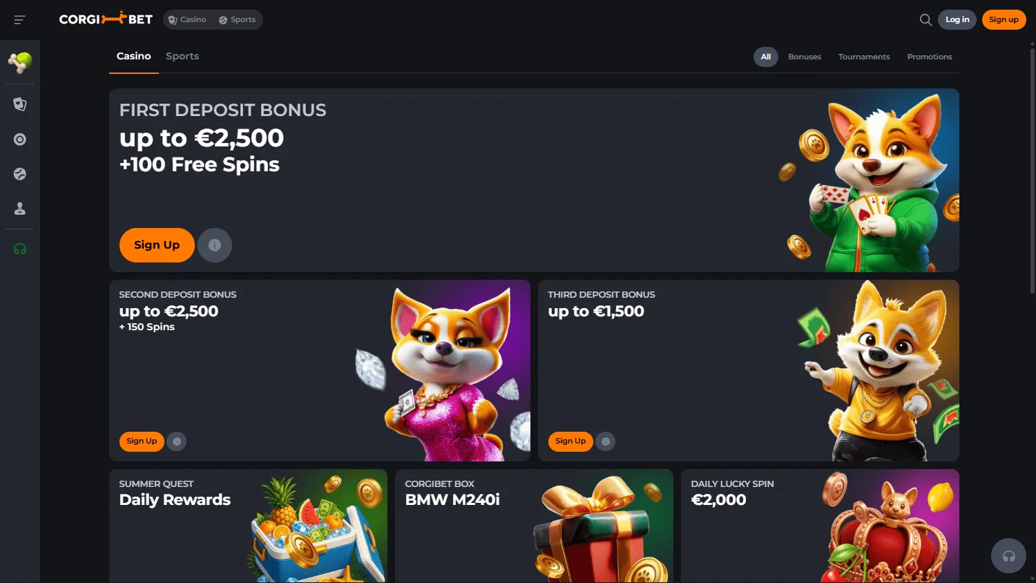 Corgibet Casino desktop promotions area with bonus offers