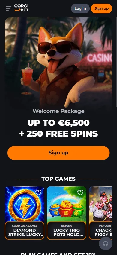 Corgibet Casino mobile home screen with casino and sportsbook options