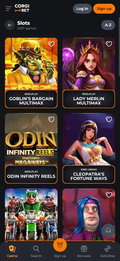 Corgibet Casino mobile games area with casino and live game categories