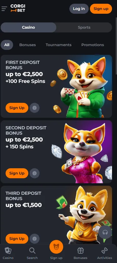 Corgibet Casino mobile promotions area with bonus offers