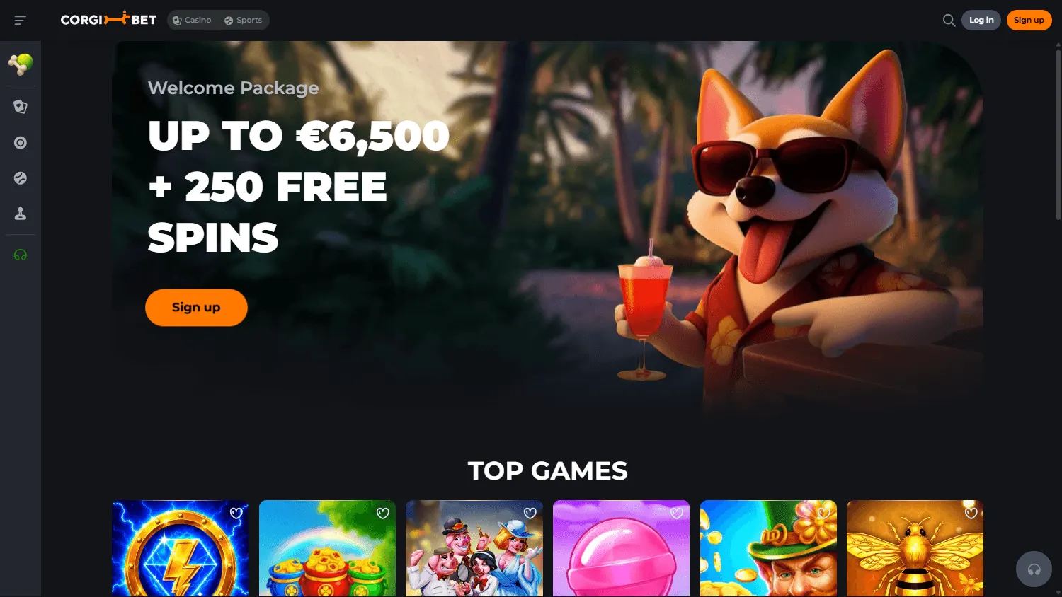 Corgibet Casino desktop home screen with casino and sportsbook options