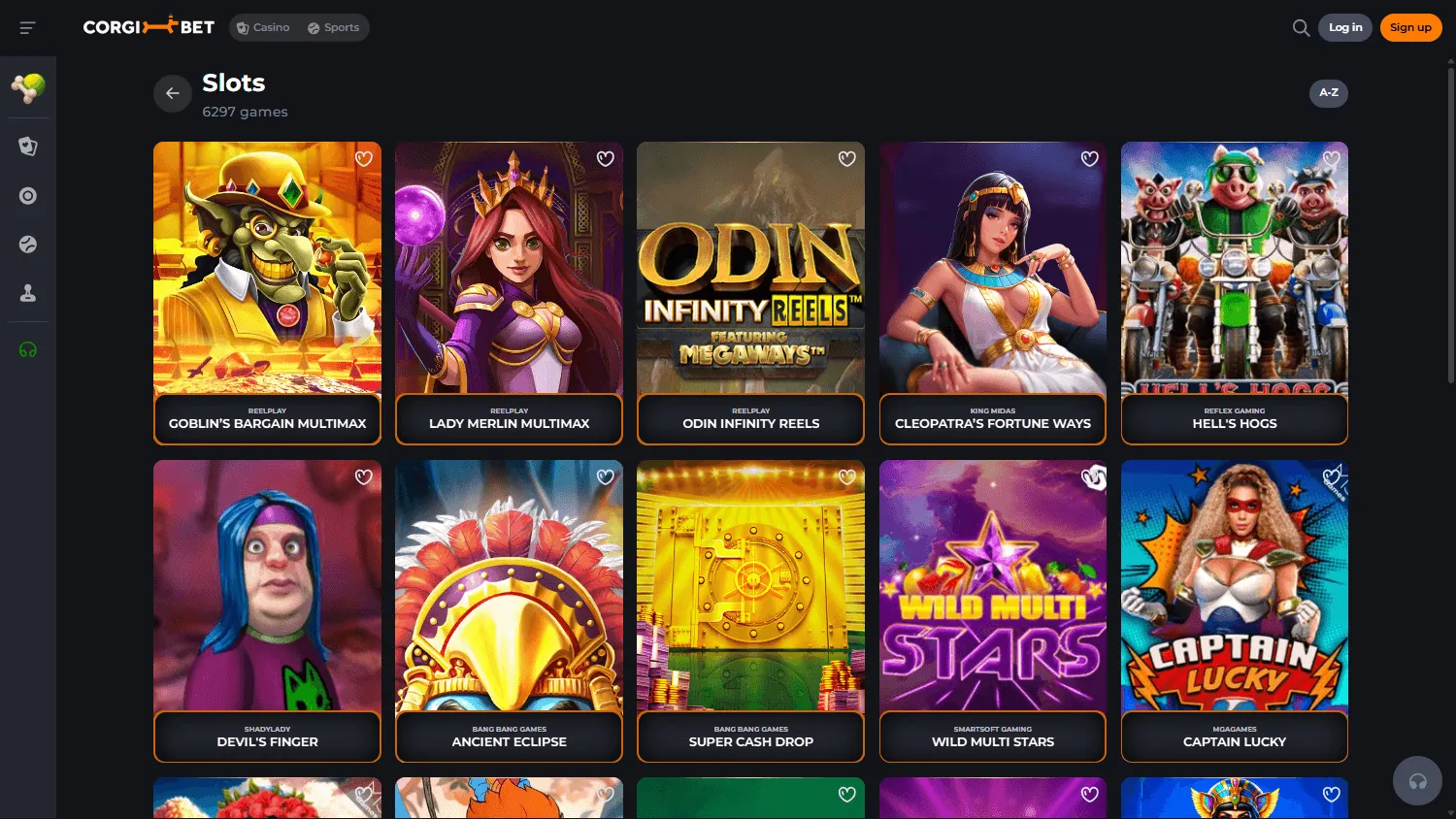 Corgibet Casino desktop games area with casino and live game categories
